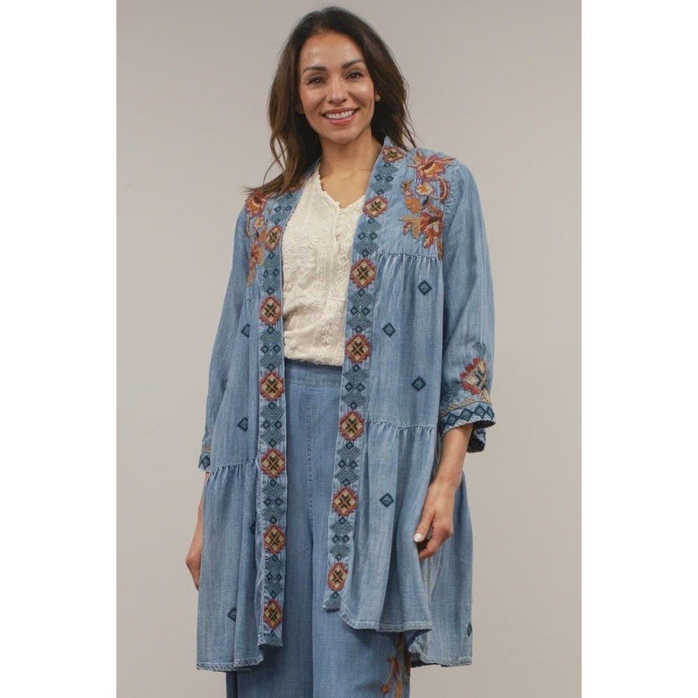 Coldwater Creek Embroidered Duster Lyocell Chambray Boho Prairie Western 1X